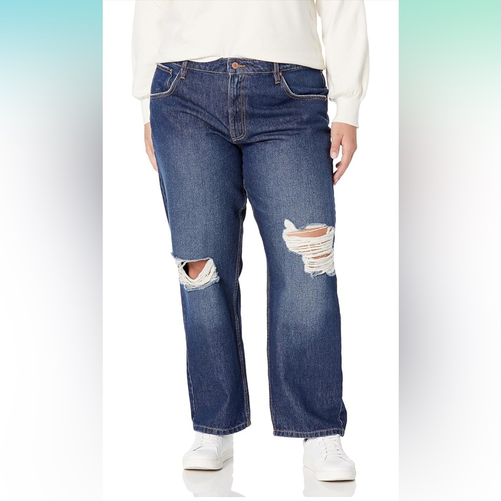 NWT The Drop Women's Luca High Rise Distressed Loose Straight fit, Dark Indigot - Picture 4 of 6
